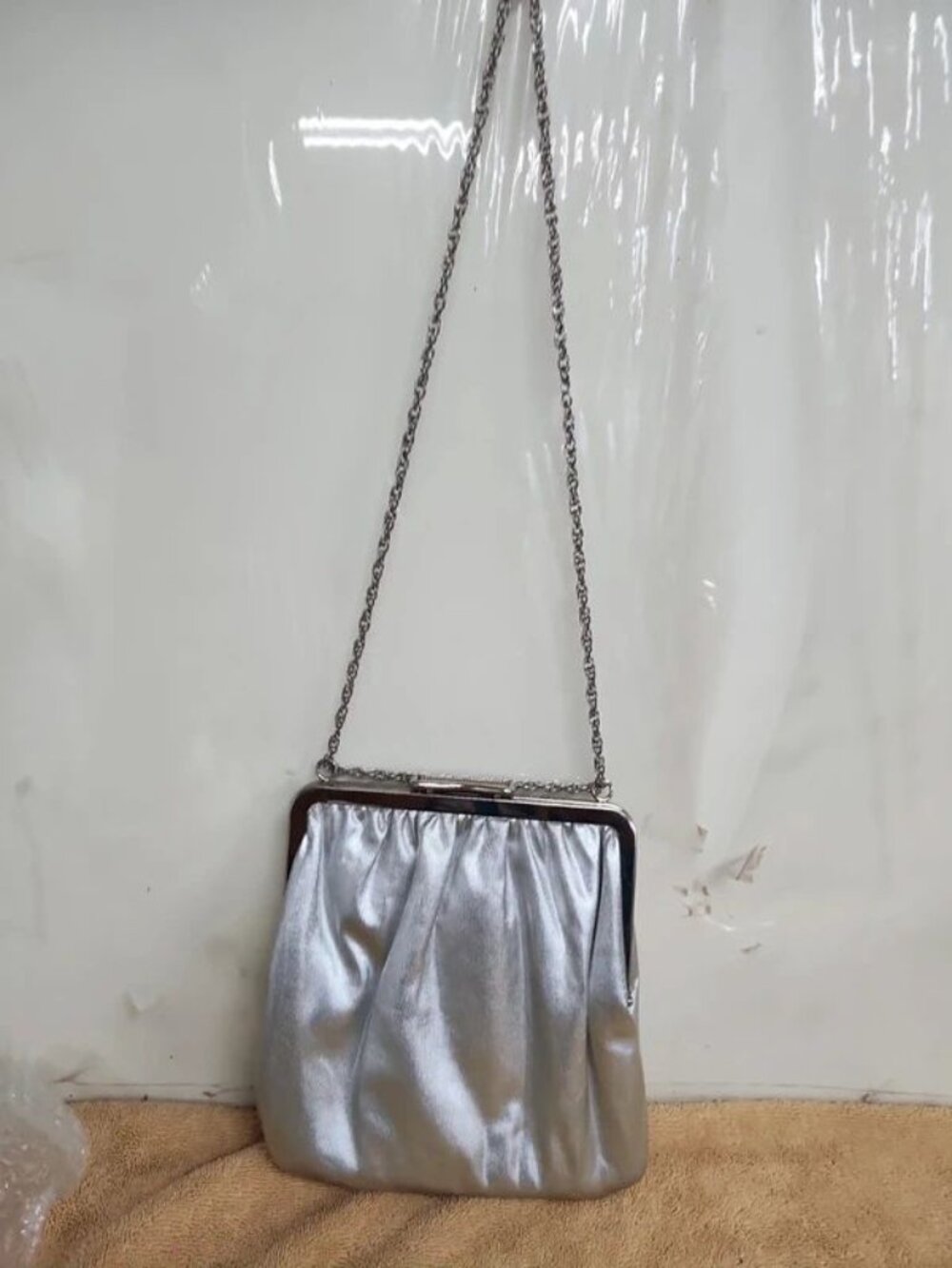 silver lame' evening purse bag with adjustable chain strap